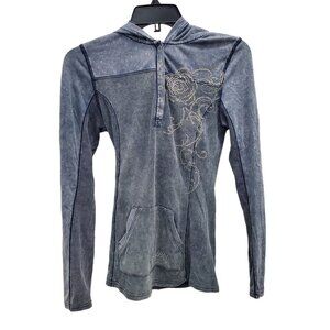 Guess Women's Blue Acid Wash Distressed LS Embellished Hooded Thermal Top Size M